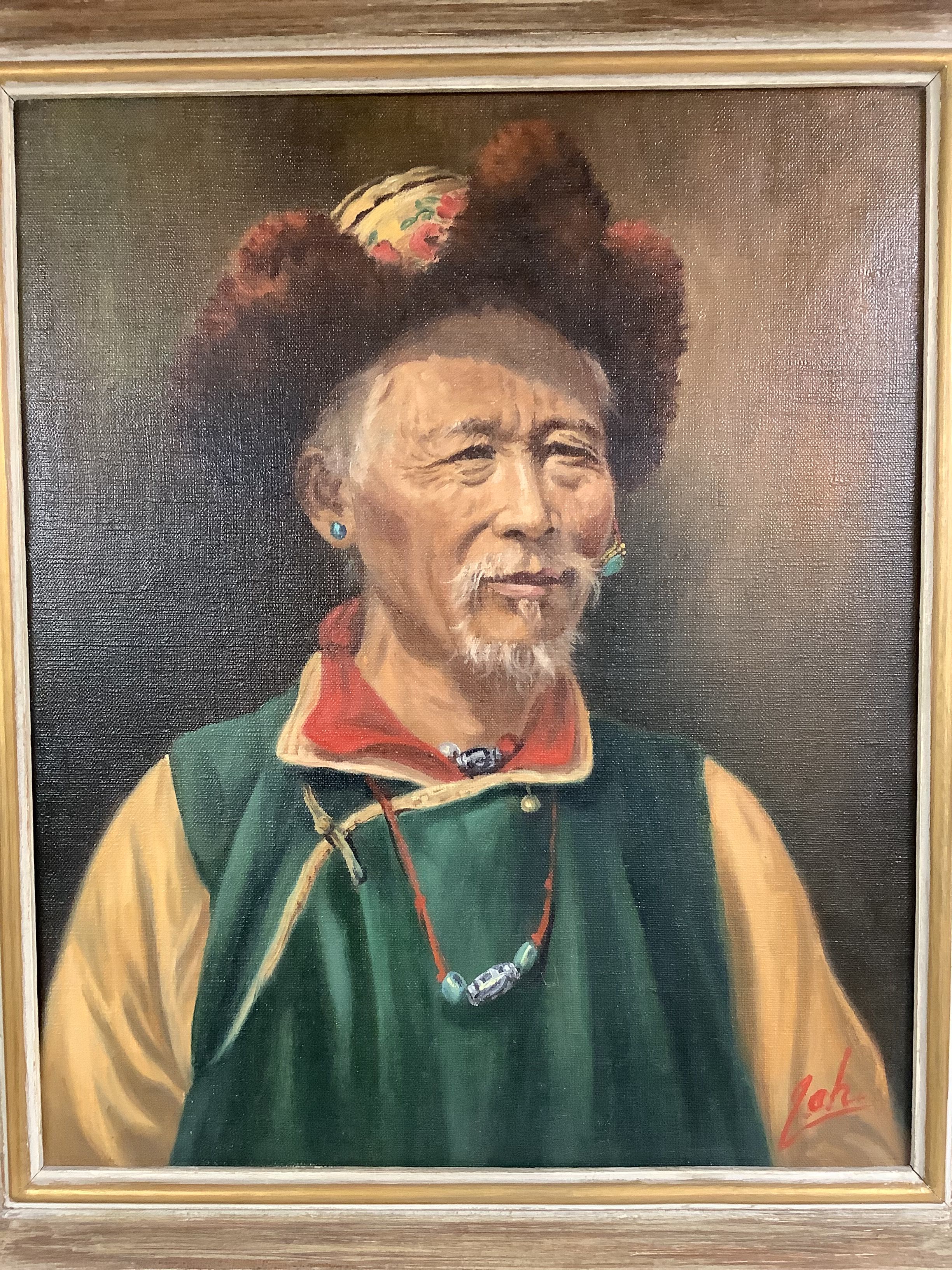 A pair of oils on canvas of Tibetan figures holding prayer wheels, 44.5 x 36cm